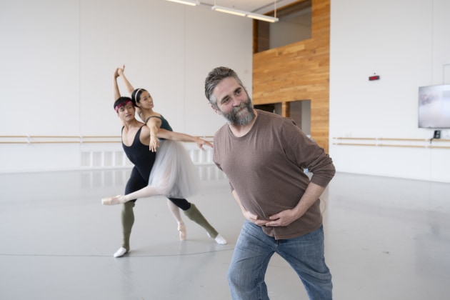 Houston Ballet Soloist Danbi Kim as Princess Raymonda, Chun Wai Chan as Jean and choreographer Stanton Welch rehearsing Raymonda

Photo by Alana Campbell (2025). Courtesy of Houston Ballet