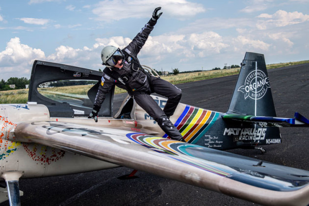 Matt Hall leaps from his Edge 540 after winning the Red Bull Air Race round at Lake Balaton, Hungary, in 2019. (Joerg Mitter / Red Bull Content Pool)