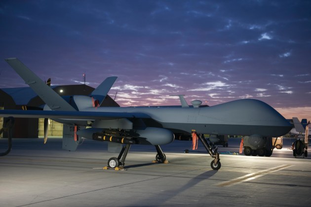 An MQ-9 Reaper equipped with an extended range modification sits on the ramp at Kandahar Airfield, Afghanistan. 
USAF/Sgt Robert Cloys