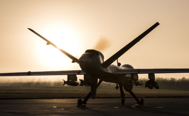 A US MQ-9 Reaper sits on the flight line as remotely piloted aircraft crews wait for the fog to clear. USAF