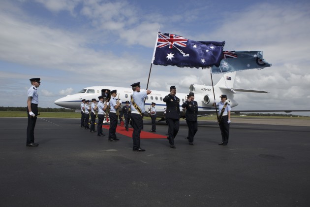 A red carpet was included in an arrival ceremony for Prime Minister Scott Morrison at an undisclosed RAAF base. (Defence)