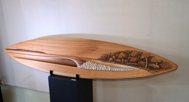 Shane Christensen, Reflections, Popular Choice Winner. 'Constructed from two pieces of Qld Maple, joined and shaped in the likeness of a gum leaf. If you look closely you&rsquo;ll see, the sky is reflected in the sea.'