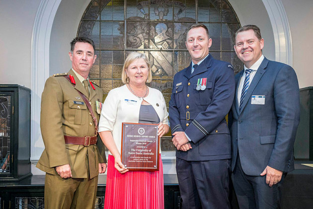 Colonel Antony Rogers, Deputy Vice Chancellor, Professor Margot Kearns, Flight Lieutenant Tryon Francis and Acting State Chair DRSC NSW Mr James Digges. Credit: Defence