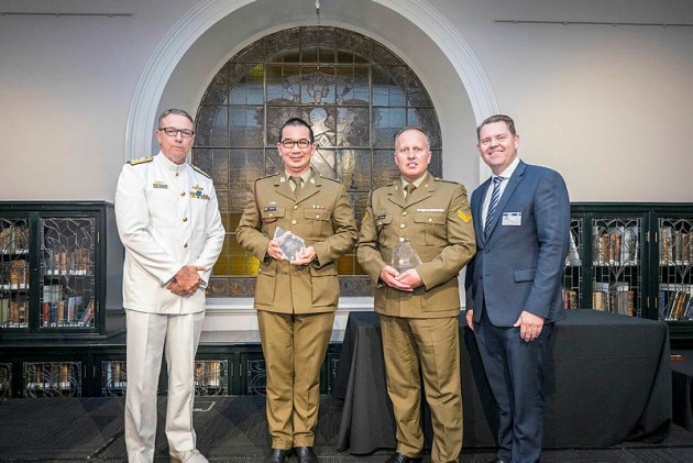 Rear Admiral Bruce Kafer, AM, CSC, Head Reserve and Youth Division, recipient Major Jason Li, recipient Corporal Phillip Malligan, Mr James Digges, Acting State Chair DRSC NSW. Credit: Defence