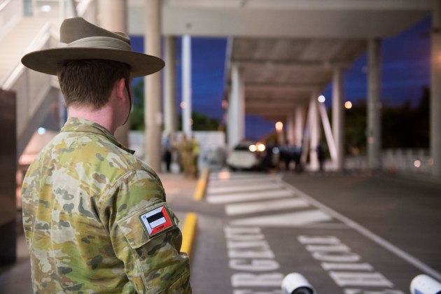 A reservist supporting the mandatory COVID-19 quarantine arrangements for international travellers at Brisbane Airport.
Defence