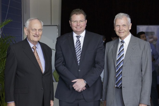 Co-owners and company founders Peter Flick (left) and Willi Schultheiss (right) flank the Hon. Craig Laundy, Assistant Minister for Industry, Innovation and Science, who opened the plant.