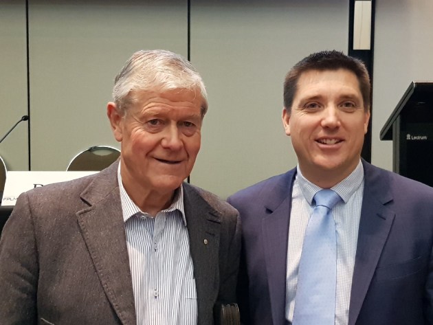 Legendary AFL coach David Parkin (left) and Mark Easton, FPLMA president.