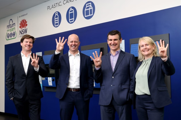 L to R: James Dorney, CEO TOMRA Cleanaway; Ryan Buzzell, director TOMRA Cleanaway; David Clancy, director TOMRA Cleanaway; Danielle Smalley, CEO Exchange for Change.
