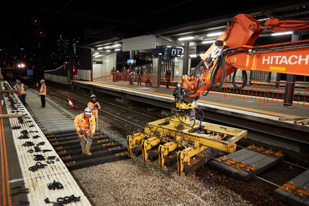 The new Duratrack sleepers being installed at Richmond station. (Source: Sustainability Victoria)