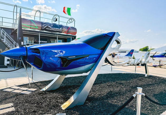 Tecnam unveiled the Rivale at Airventure with a sleek and surreal sculpture teasing customers with a clean-sheet nose section and Continental V6 diesel. (Tecnam)