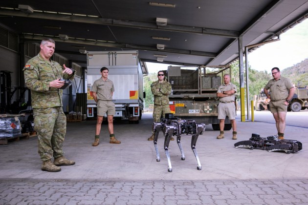 Soldiers are instructed on how to use the Ghost Robotics Quadruped Robot during a demonstration at Lavarack Barracks.
Defence