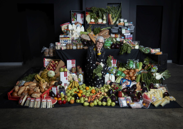 Ronni Kahn AO, OzHarvest Founder and CEO pictured with 298 kg of rescued food &ndash; the amount wasted per person in Australia each year.  Photo credit: Jon Bader