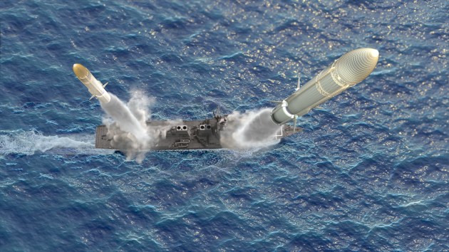 A Raytheon rendering of two Glide Phase Interceptors being deployed from a warship. 

Credit: Raytheon