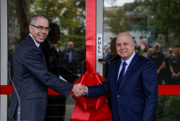 Saab Australia Chief Operating Officer Ben Gulliver with Treasurer of Victoria Tim Pallas, celebrating the official opening of Saab&rsquo;s Hawthorn facility. (Saab Australia)