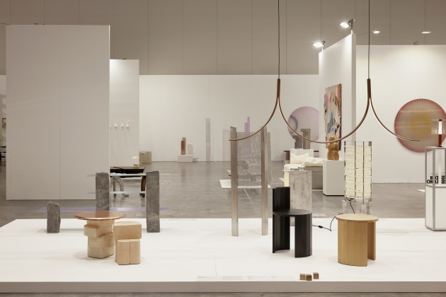 Installation view of DISCOVERY showing SABU Studio (Samuel Burns) Twenty Chair and Ono Duo Pendant at Melbourne Design Fair 2023 from 18-21 May at Melbourne Convention and Exhibition Centre, part of Melbourne Design Week 2023. Photo: Sean Fennessy