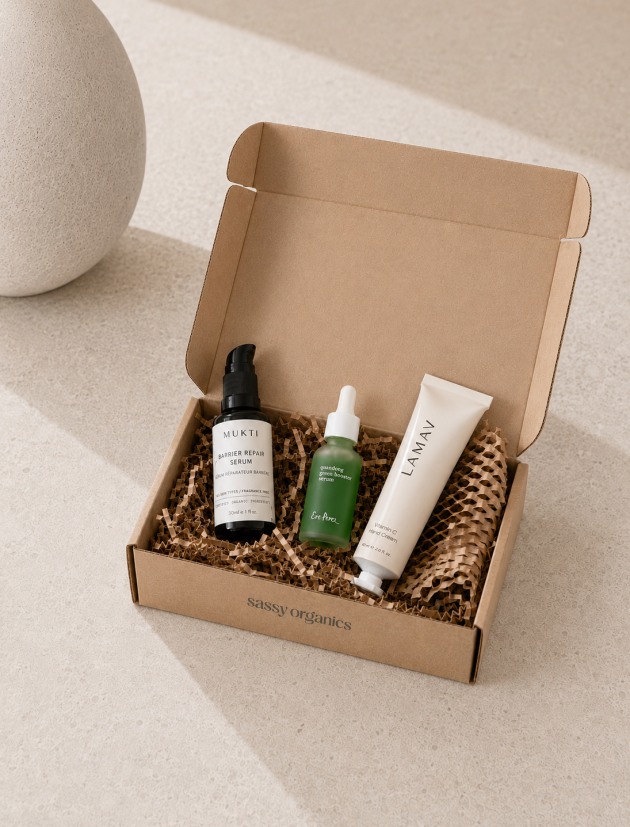 A styled skincare selection featuring Mukti, Ere Perez and La Mav in Sassy Organics packaging. Image: Sassy Organics