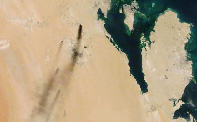 A NASA satellite image of smoke from the attack. US Central Command is headquartered in Bahrain, the island visible in this photo.
EPA-EFE/NASA via Twitter