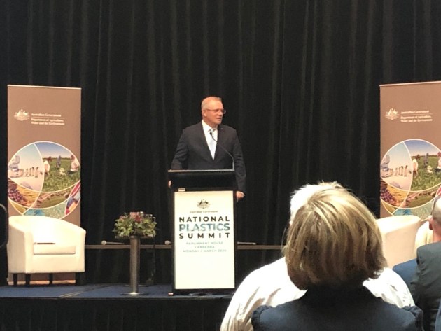 PM Scott Morrison speaks out on plastics recycling at the National Plastics Summit in Canberra. Image: Nerida Kelton