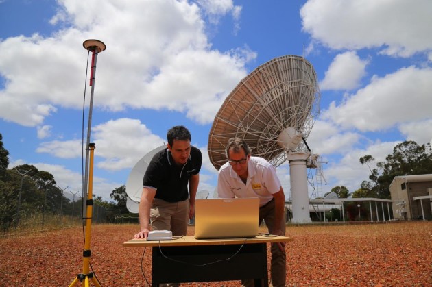 Michael Fazio (L), Software Architect, Thales Australia and Chris Ashworth (R), Senior Network Engineer, Optus Satellite receiving the Next Generation SBAS signal at the Optus Satellite teleport in Western Australia. (Supplied)