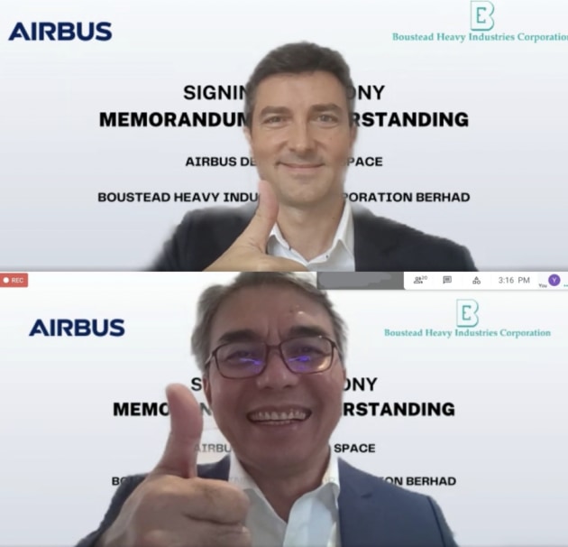 Johan Pelissier, Head of Asia-Pacific for Airbus Defence and Space and Sharifuddin Md Zaini Al-Manaf, CEO of Boustead Heavy Industries Corporation, at the virtual signing ceremony. (Credit: Airbus)