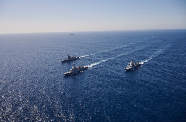 HMA Ships Hobart, Brisbane and Sydney conduct Officer of the Watch manoeuvres in the Eastern Australian Exercise Area. (Defence)