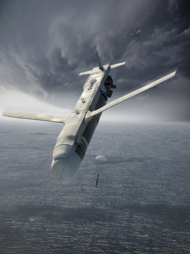 In an artists rendering, a High Altitude Anti-Submarine Warfare Weapon Capability or HAAWC deploys from a Boeing P-8A Poseidon multi-mission maritime patrol aircraft. (Boeing illustration)