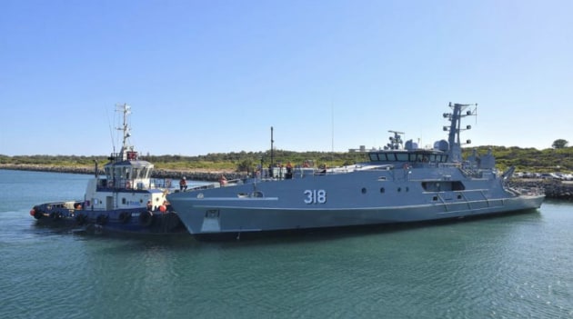 The fifth evolved Cape-class patrol boat, the future ADV Cape Woolamai, after being launched at Henderson, WA. (Austal)