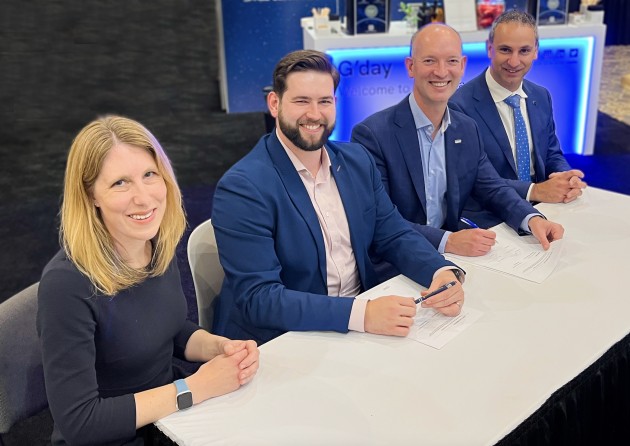 L-R Rebecca Evernden, Director of Space, UK Department of Science, Innovation and Technology, Joshua Western, CEO and Co-Founder, Space Forge, Lloyd Damp, CEO, Southern Launch, Enrico Palermo, Head of the Australian Space Agency. (Supplied)