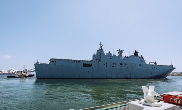 Royal Australian Navy landing helicopter dock HMAS Canberra departs Fleet Base East in Sydney bound for Tonga as part of Operation Tonga Assist 2022. (Defence)