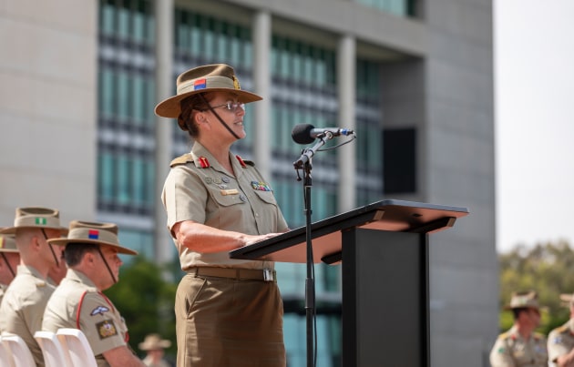 Deputy Chief of Army, Major General Natasha Fox, AM, CSC, addresses the audience at Army's 122nd birthday celebration at Russell Offices on 1 March 2023. (Defence)