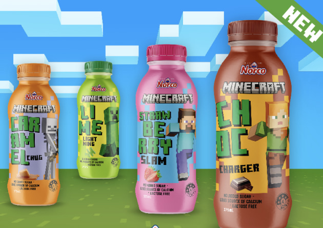 Australia&rsquo;s oldest dairy co-operative, Norco, has released a new range of flavoured milks in collaboration with Minecraft, aiming to help sustain gamers.
Source: Norco