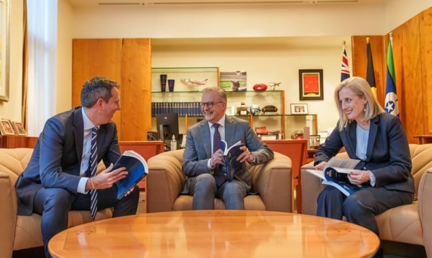 Reviewing the 2024 Budget (l-r) Jim Chalmers, Anthony Albanese, Katy Gallagher. (Source: Instagram)
