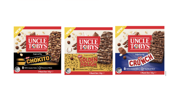 Uncle Tobys&rsquo; latest muesli bar range combines its 100% Aussie Oats reputation with some of the country&rsquo;s favourite chocolate bars &ndash; Chokito, Golden Rough, and Crunch. (Image: Nestl&eacute;)