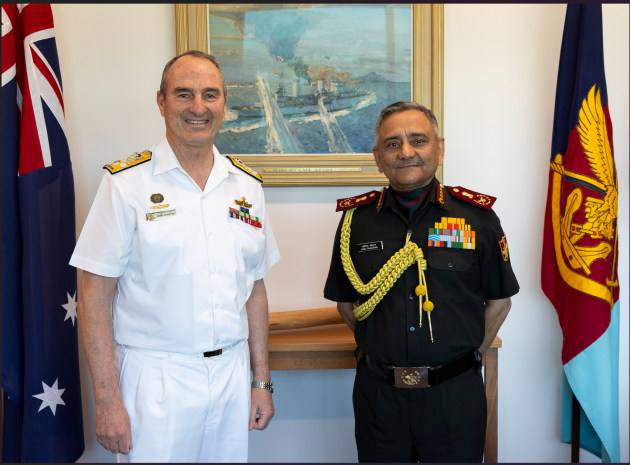 Australia's Chief of the Defence Force, Admiral David Johnston, with his Indian counterpart, Chief of Defence Staff, General Anil Chauhan, at Russell offices in Canberra.

Credit: Defence