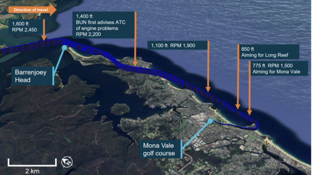 The image shows the point at which abnormal engine indications were first noticed and the location of the precautionary landing on Mona Vale golf course. Source: (Google Earth and Flightradar24, annotated by the ATSB)