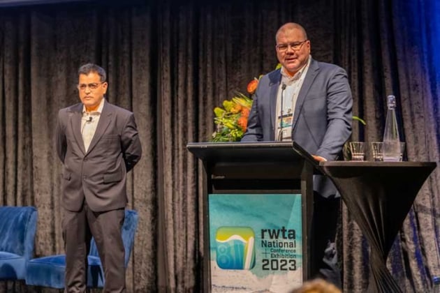 Swisslog head of sales and consulting, Sean Ledbury, right, and Swisslog senior sales consultant, Charles John, left, present to the 81st Refrigerated Warehouse and Transport Association of Australia (RWTA) Conference and Exhibition at the Gold Coast.