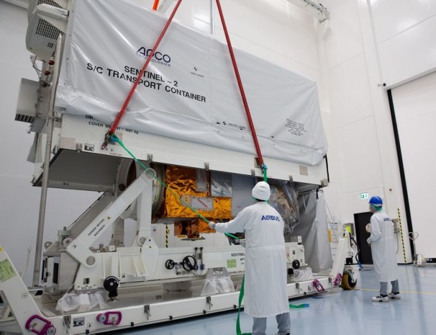 The Sentinel-2C satellite being packed into its transport container to be shipped to Munich to undergo extensive environmental tests. (Airbus)