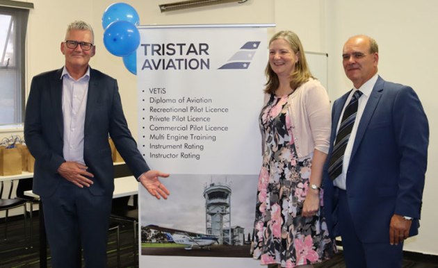 Launceston Airport CEO Shane O'Hare (left) with Tristar CFI Adrienne Fleming and Tristar CEO Geoff Fleming at the opening of the new training centre. (Angela Stevenson)
