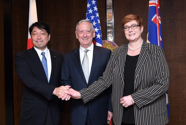 Secretary for Defense James Mattis, Defence Minister Tomodi Inada, and Minister for Defence Marise Payne.
Marise Payne via Twitter