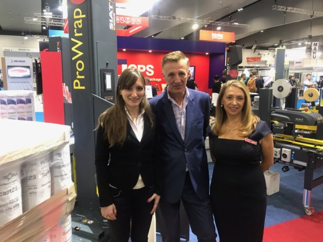 Industry 4.0 comes to wrapping: With the new internet enabled Siat ProWrap are (l-r) Carol Pignatelli, global product manager, Siat; Wayne Robinson, PKN; and Rosa Stroszynski, CEO of distributor CPS.