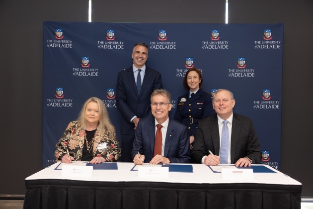 At the launch of the JORN Open Innovation Network (JOIN) Centre for Advanced Defence Research in HF Technologies (CADR-HFT) are seated (left to right):  Dr Sylvie Perreau, Chief Sensors and Effectors Division, Defence Science Technology Group; Vice-Chancellor and President, Professor Peter H&oslash;j, University of Adelaide; Ben Hudson, Chief Executive Officer, BAE Systems Australia. Standing (left to right) are: Peter Malinauskas MP Premier of South Australia; Air Commodore Regina Gorton, Director General Air and Space Surveillance and Control, Capability Acquisition and Sustainment Group, representing Head of Air Capability, Defence.
Credit: University of Adelaide