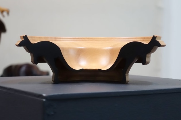Simon Begg, Hopping Around, kauri pine, black paint. "Hopping around is based on an old tradition of German ring turning. My goal is to modernise the technique so that it&rsquo;s more than a production method but a piece of art. The image of the kangaroo shows the Australian perspective to a German process. The ring is made on the lathe with very accurate measurement and fine guesswork. The silhouette of the kangaroo was not seen until six hours after the process was started. Once the cuts are made to reveal the shape, there are no more modifications made. It&rsquo;s a challenging process but very rewarding when it works out."