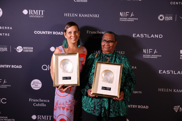 Simone Arnol with Philomena Yeatman, National Indigenous Fashion Awards, 2024, Photo by Marley Morgan_1