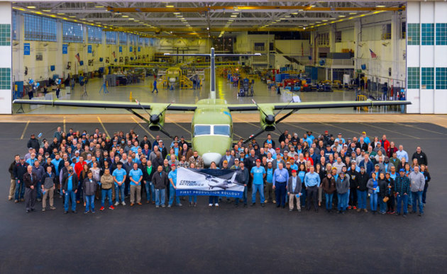 A landmark moment for Textron as the first production Cessna SkyCourier rolls out of the Wichita plant. (Textron Aviation)