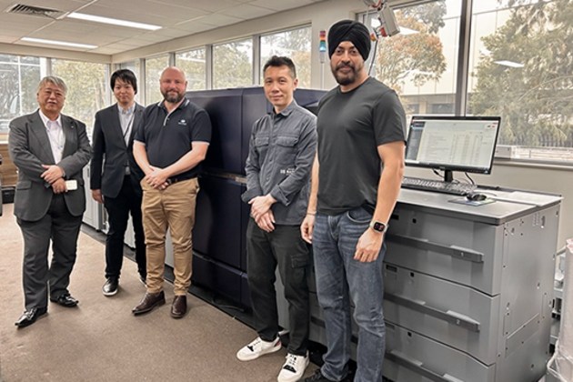 Long-standing partnership: (l-r) Junichi Tobari, Rin Yoshida and Michael George from Konica Minolta; Nelson So and Ricky Makan from Snap Macquarie Park with their latest AccurioPress addition
