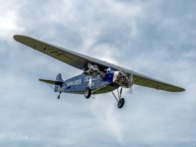 The full-size Southern Cross replica takes to the air ahead of a series of commemorative events across NSW this month.
Howard Mitchell/HARS