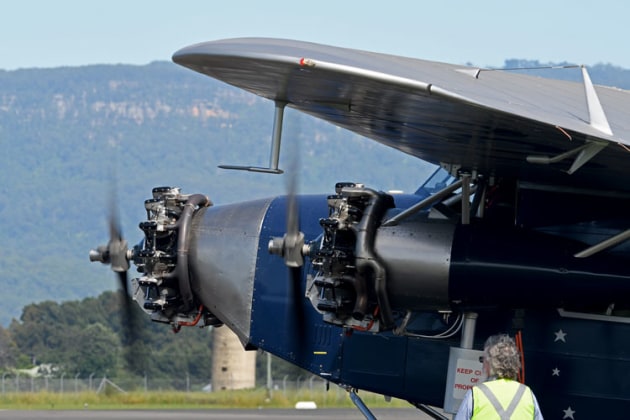 Two out of three radial engines running before the Southern Cross taxis for its handling display. (Steve Hitchen)