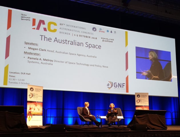ASA head Dr Megan Clarke and retired astronaut Pam Melroy at the International Astronautical Congress in Bremen. Alice Gorman via Twitter (Commons)