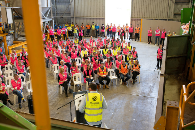 High level industry engagement: SPSA's Barry Cosier addresses 120 stakeholders on a recent tour of iQRenew's facility for mechanical soft plastics recycling
