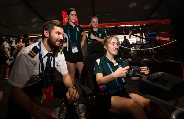 Lillian from Rushworth College flies a flight simulator in the Project Jericho Astro-STEM Zone during the 2019 Australian International Airshow. Defence